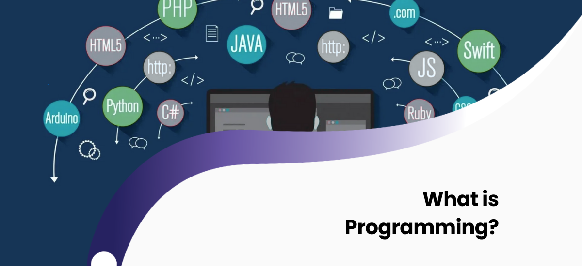 Programmer writing code across multiple monitors, programming systems